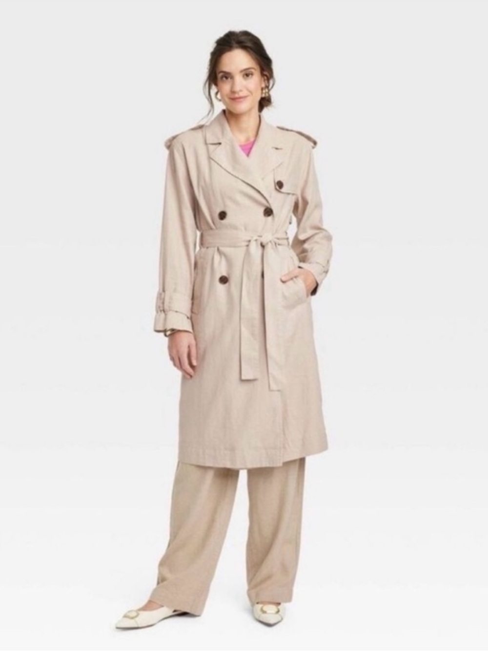 a new day Light Beige Double-Breasted Trench Coat